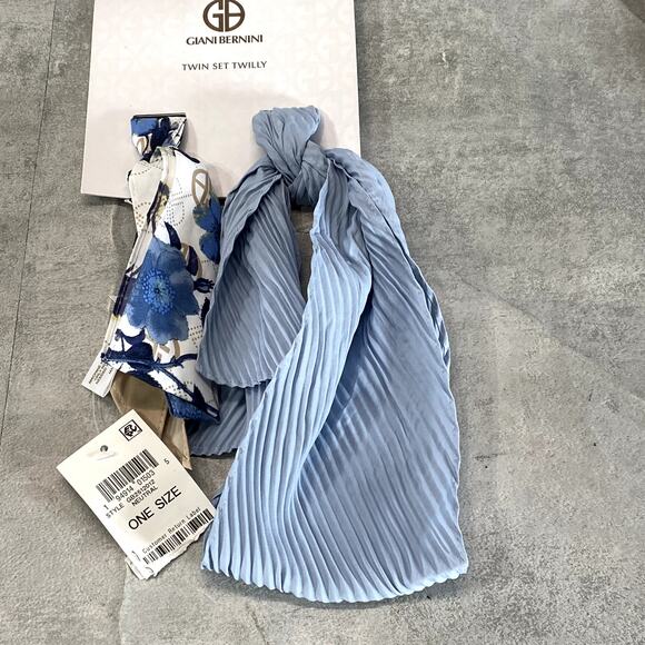 GIANI BERNINI Women's Neutral Blue Logo Floral & Solid Twin Set Twilly Scarves - Picture 1 of 10